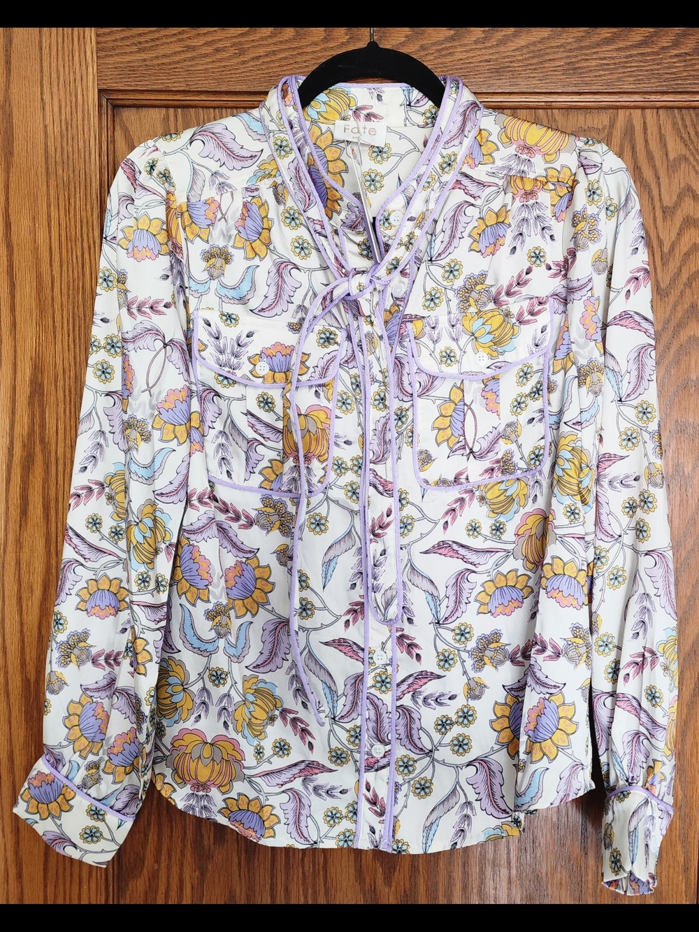 Fate Floral Tie-Neck Blouse - White with Yellow & Lavender
